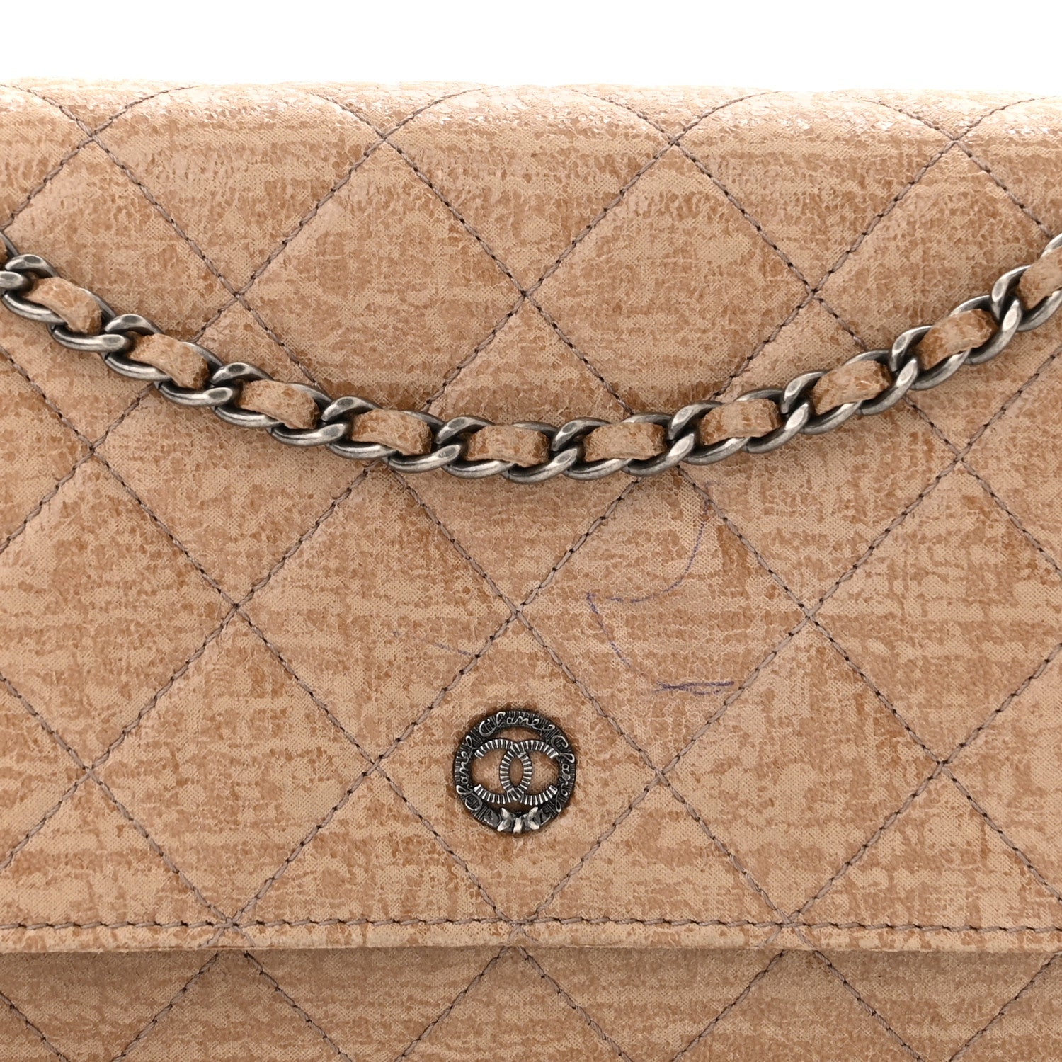 Chanel Crackled Coated Fabric Quilted Wallet On Chain WOC Beige 8 of 12