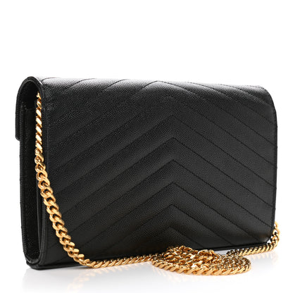 Saint Laurent Grain De Poudre Matelasse Chevron Monogram Chain Wallet Black 3 of 10