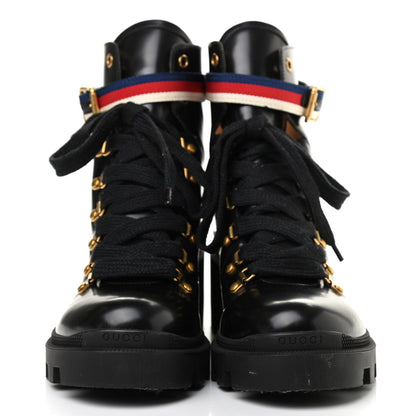 Gucci Calfskin Sylvie Web Lace Up Combat Boots 41 Black 3 of 29