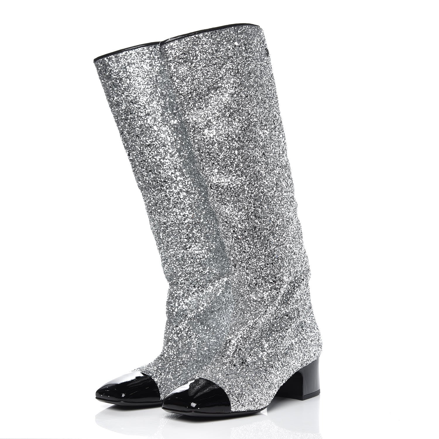 Chanel Glitter Patent Calfskin Cap Toe Fantasy High Boots 38.5 Silver Black 3 of 8