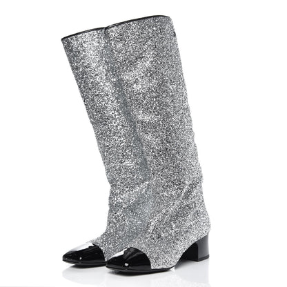 Chanel Glitter Patent Calfskin Cap Toe Fantasy High Boots 38.5 Silver Black 3 of 8