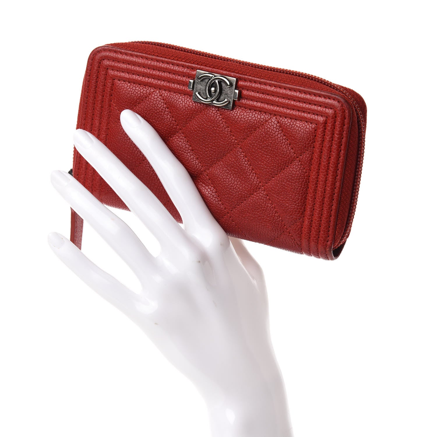 Chanel Caviar Quilted Small Boy Zip Around Wallet Dark Red 2 of 8