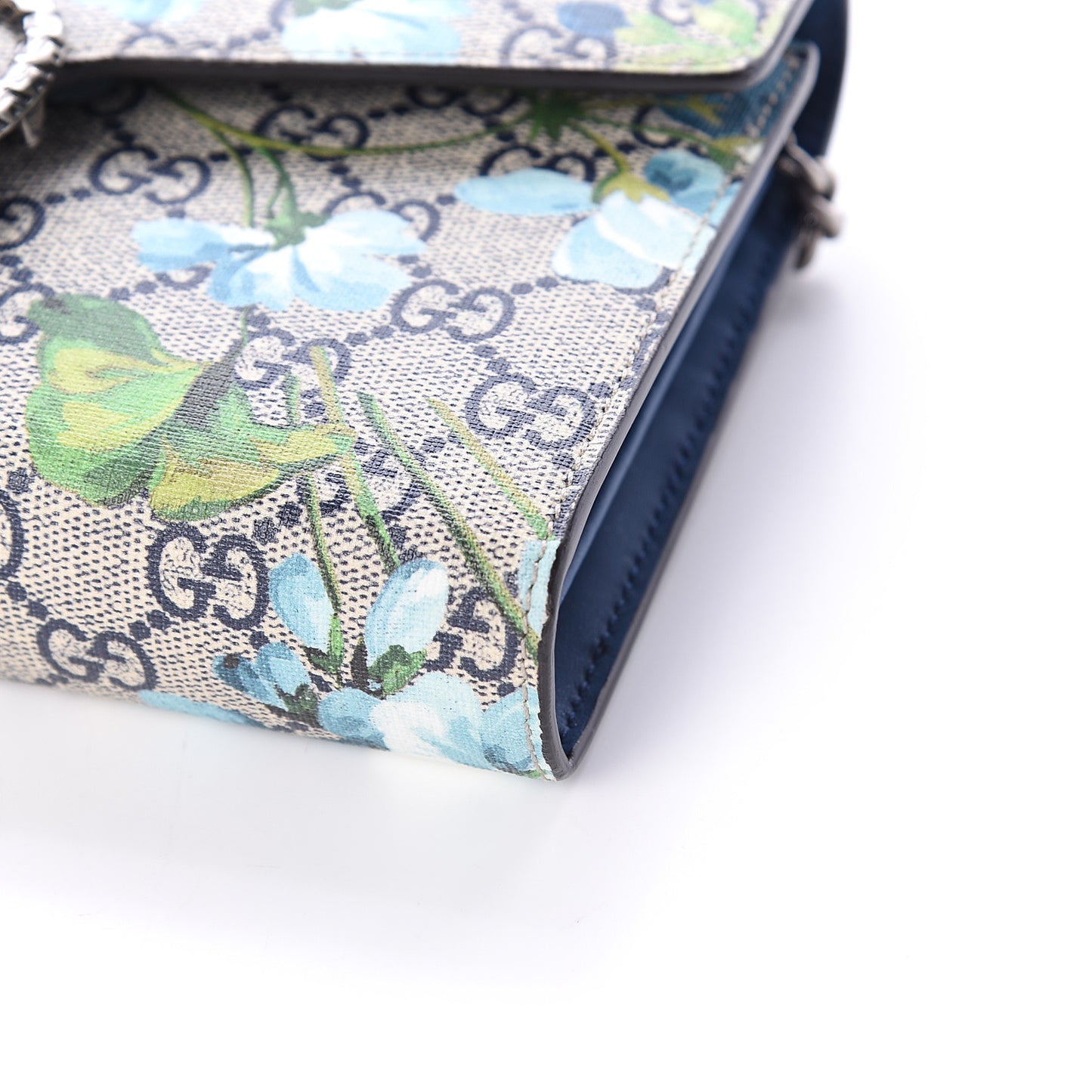 GG Supreme Monogram Blooms Mini Dionysus Chain Wallet Beige Blue Navy Vintage Blue