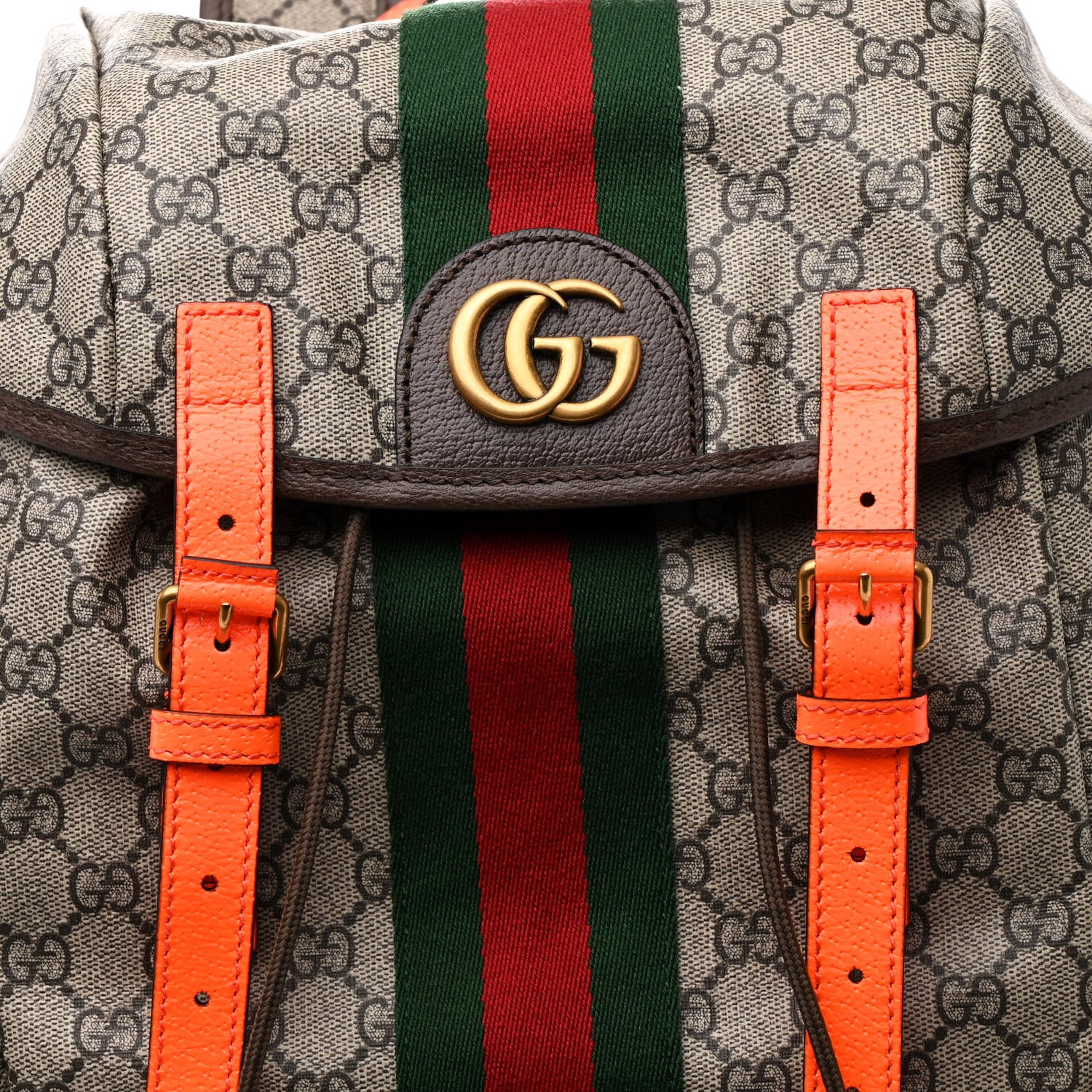Gucci GG Supreme Monogram Medium Ophidia Double Buckle Backpack Beige Ebony Neon Orange 8 of 10