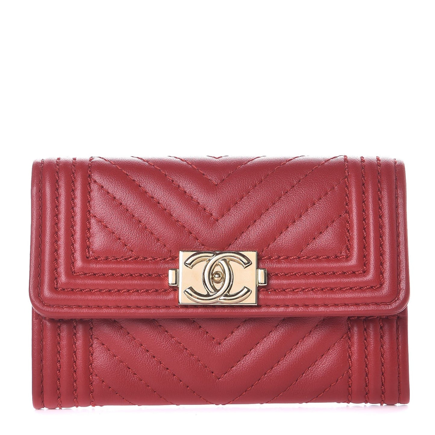 Calfskin Chevron Quilted Boy Card Holder Wallet Red