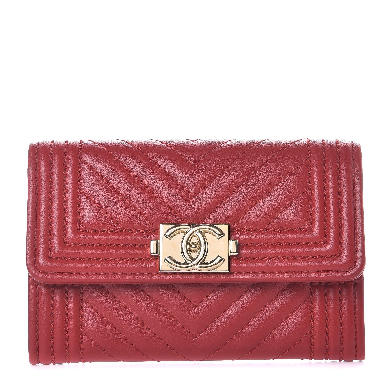 Chanel Calfskin Chevron Quilted Boy Card Holder Wallet Red 1 of 9