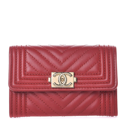 Chanel Calfskin Chevron Quilted Boy Card Holder Wallet Red 1 of 9
