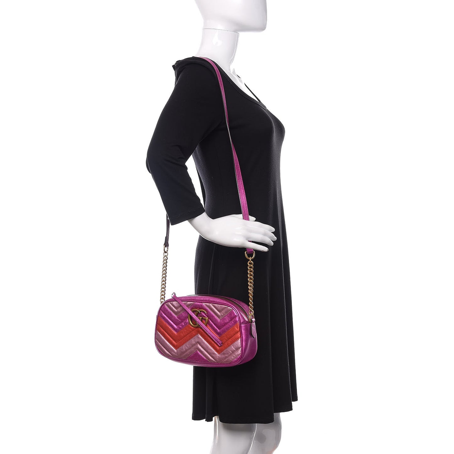 Laminated Nappa Matelasse Small GG Marmont Chain Shoulder Bag Fuxia Rosso Rosa