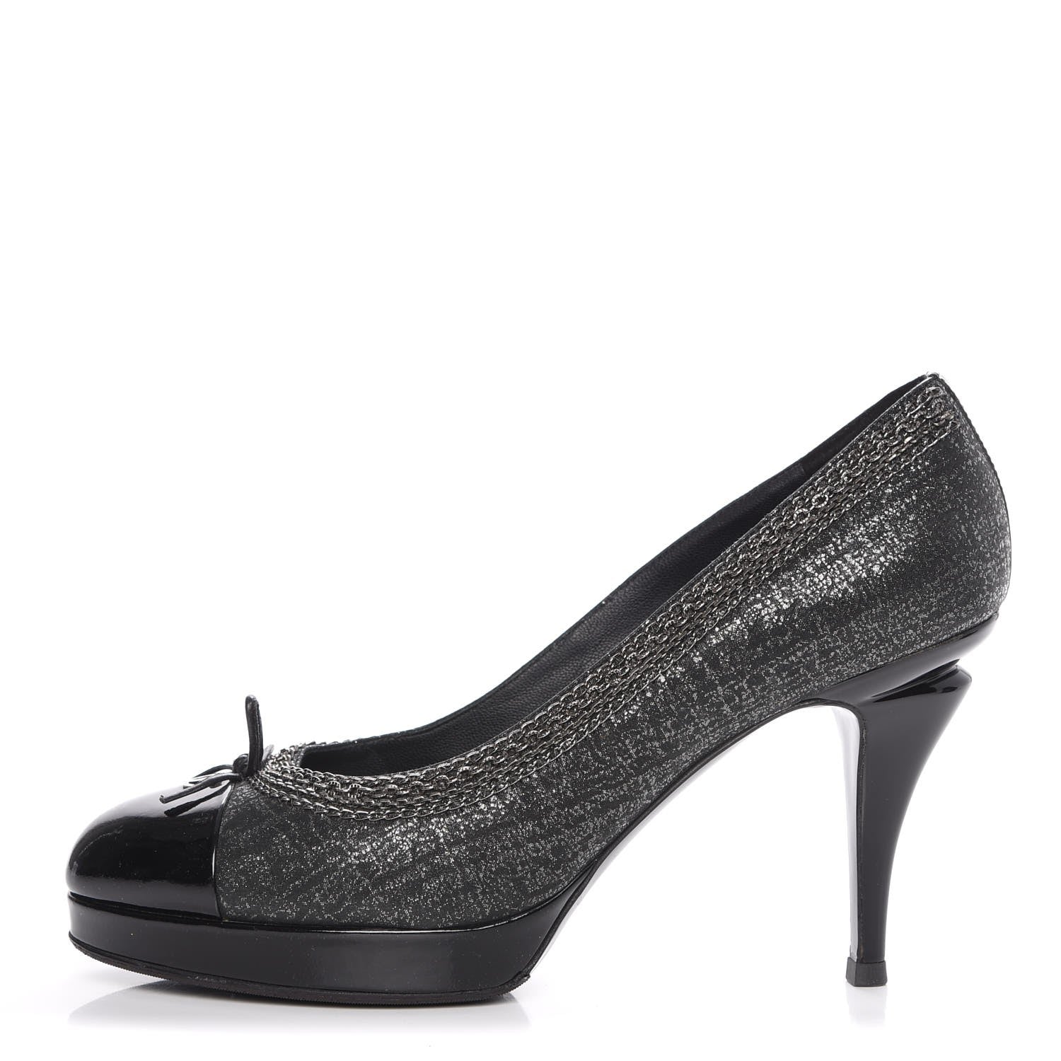 Chanel Metallic Tweed Patent Cap Toe CC Chain Pumps 39.5 Black 1 of 14