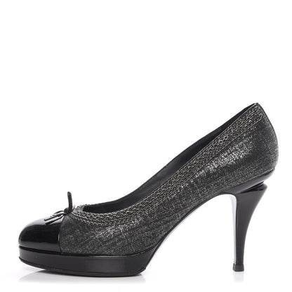 Chanel Metallic Tweed Patent Cap Toe CC Chain Pumps 39.5 Black 1 of 14