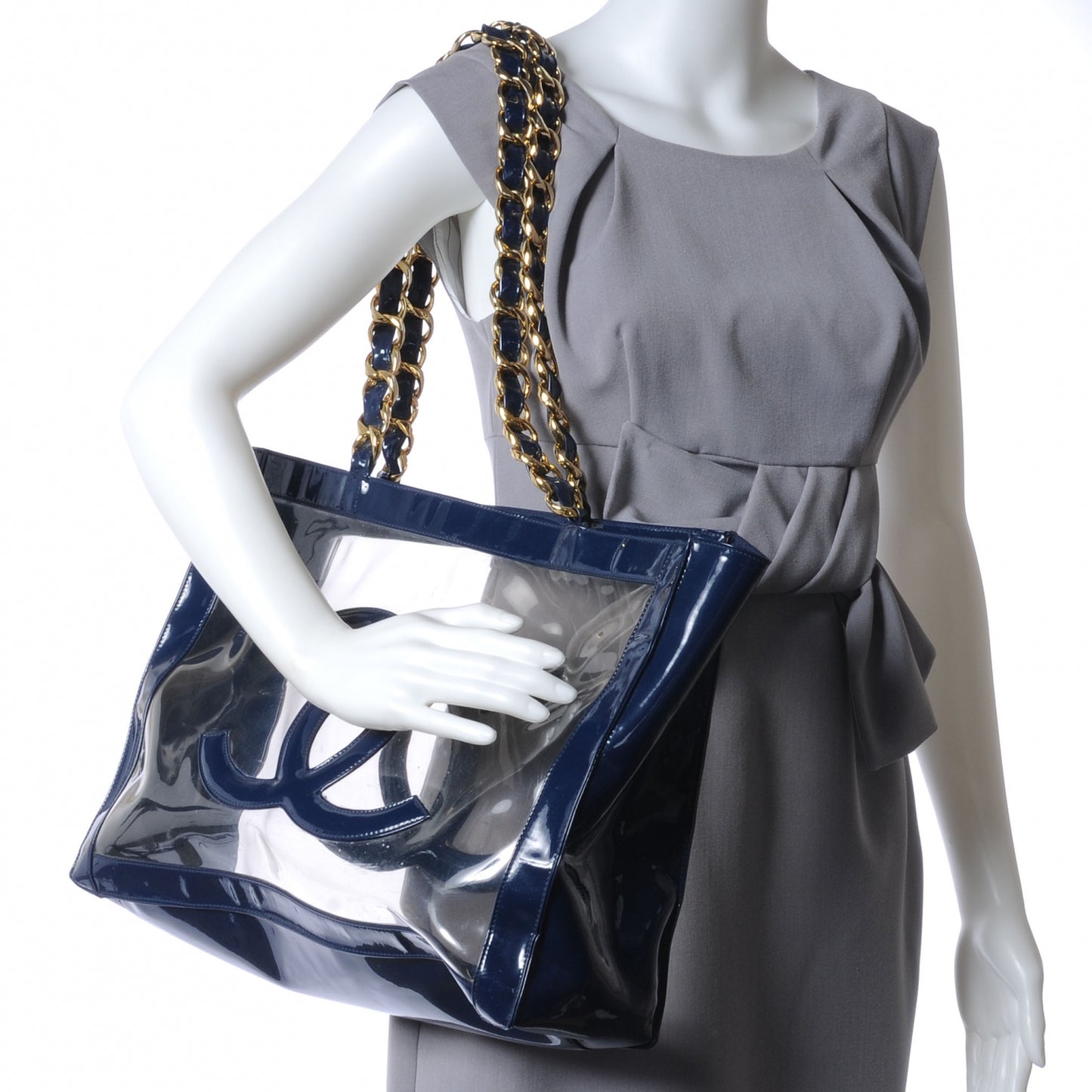 Vinyl Transparent XL Jumbo CC Chain Tote Navy