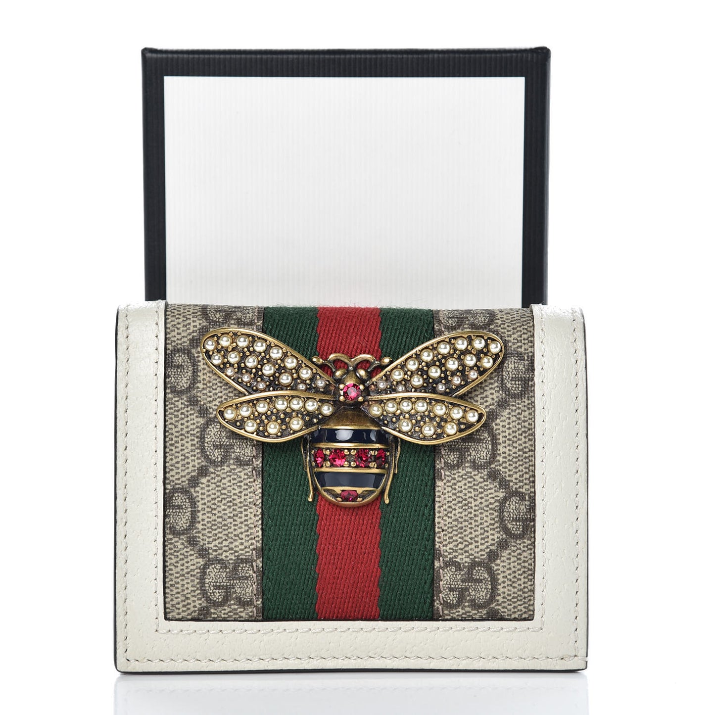 GG Supreme Monogram Web Queen Margaret Card Case Wallet Beige Mystic White