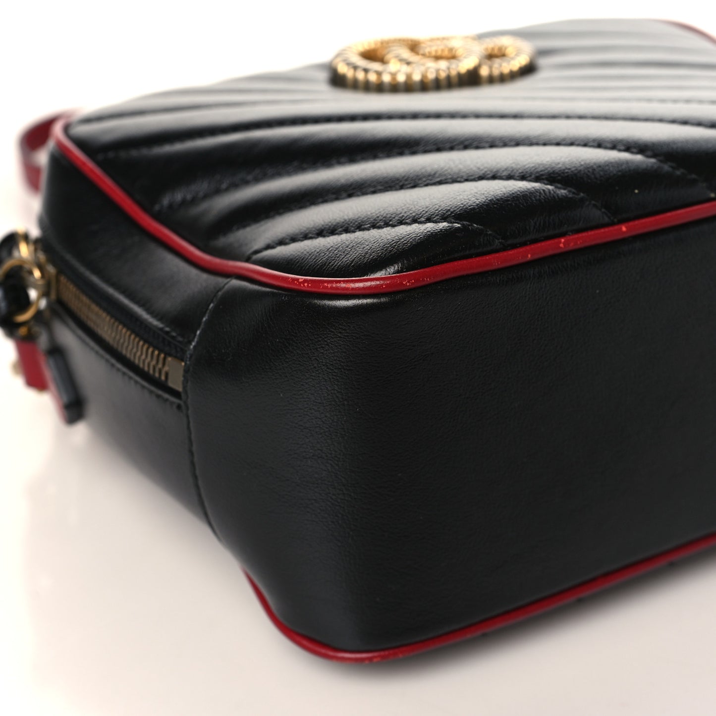 Vintage Effect Calfskin Matelasse Diagonal Small Torchon GG Marmont Bamboo Top Handle Shoulder Bag Black Romantic Cherry