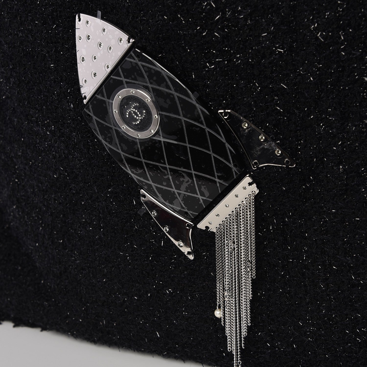 Chanel Tweed Resin Strass Shopping In Fabrics Tote Black 9 of 9