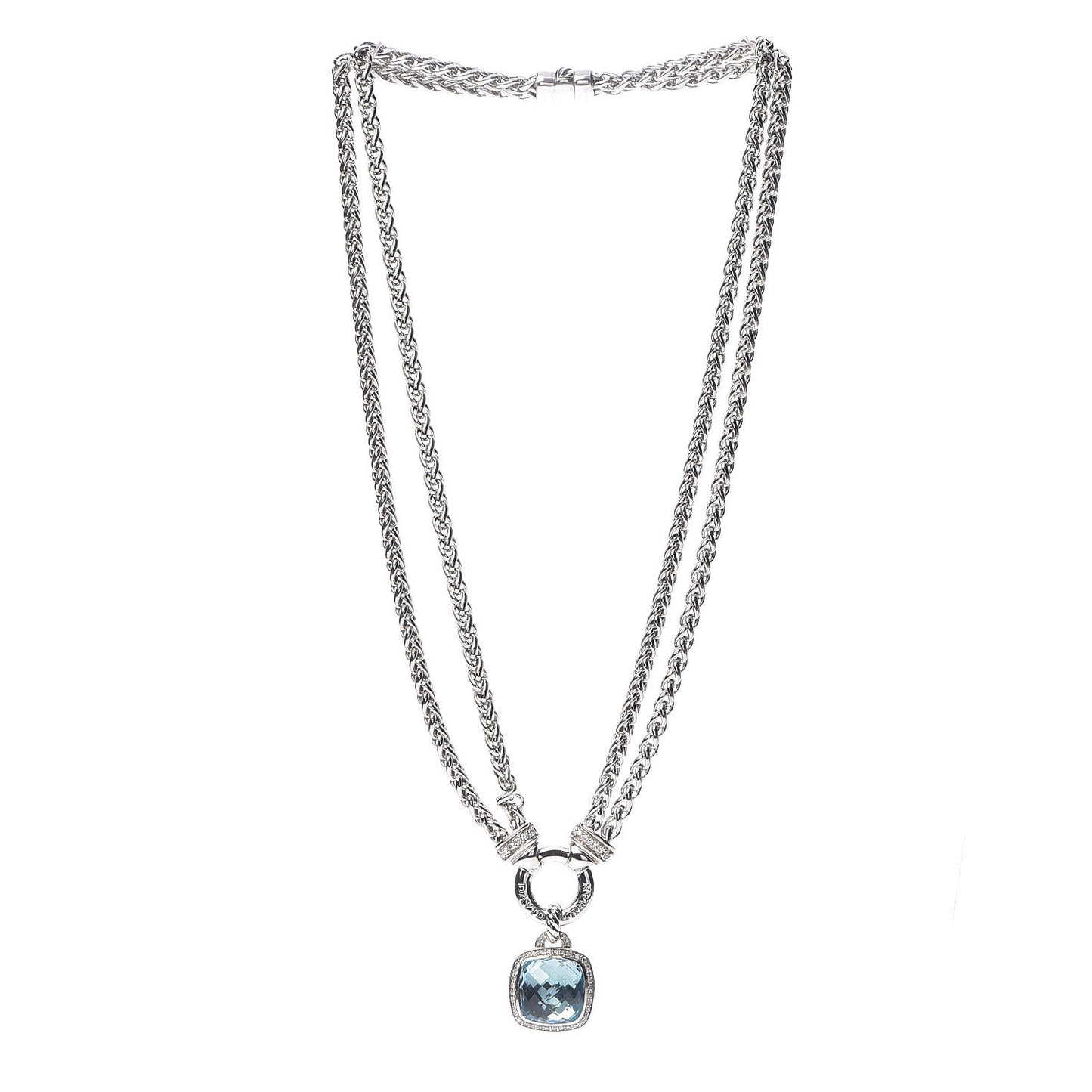 Sterling Silver Diamond Blue Topaz 14mm Albion Double Wheat Chain Pendant Necklace