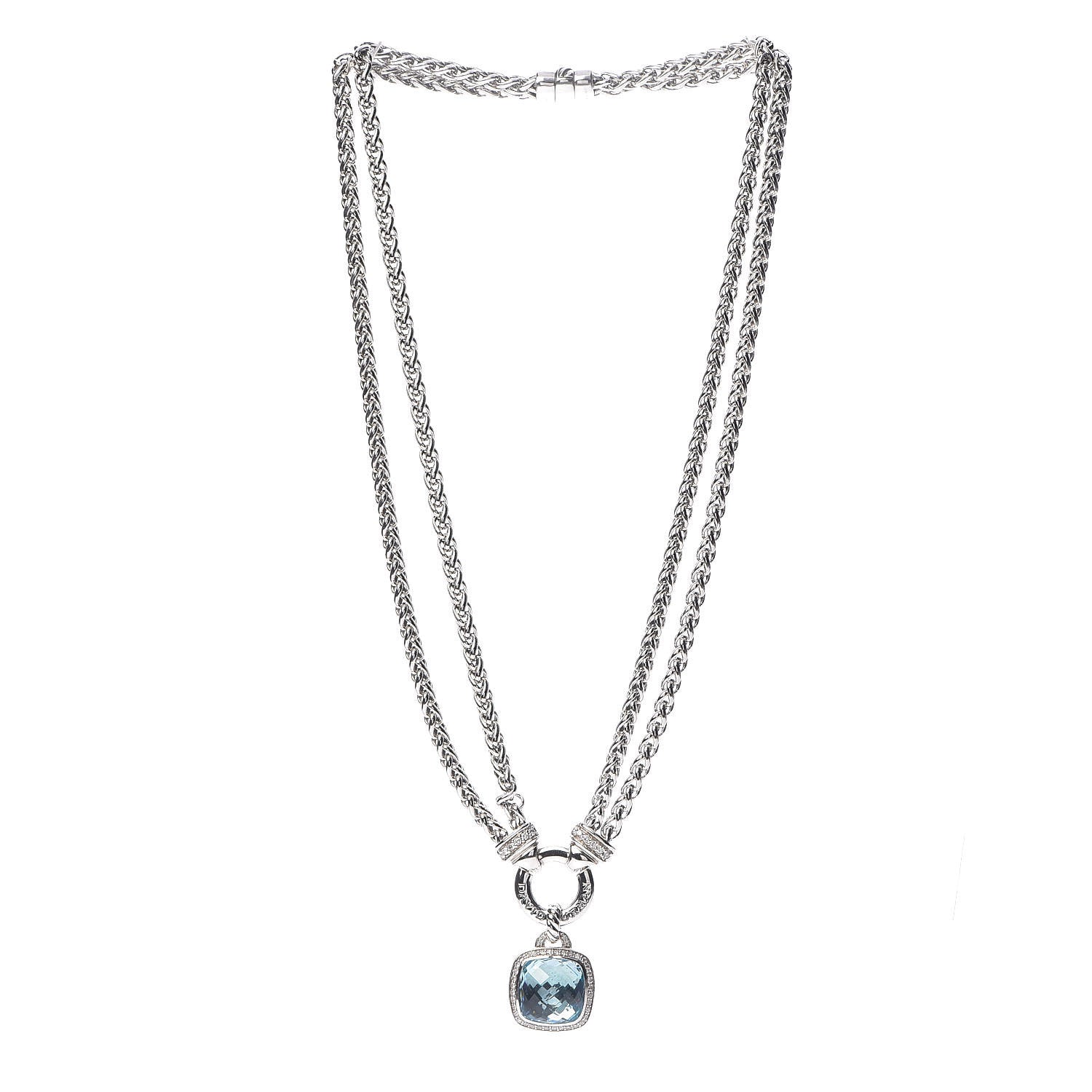 David Yurman Sterling Silver Diamond Blue Topaz 14mm Albion Double Wheat Chain Pendant Necklace 3 of 7