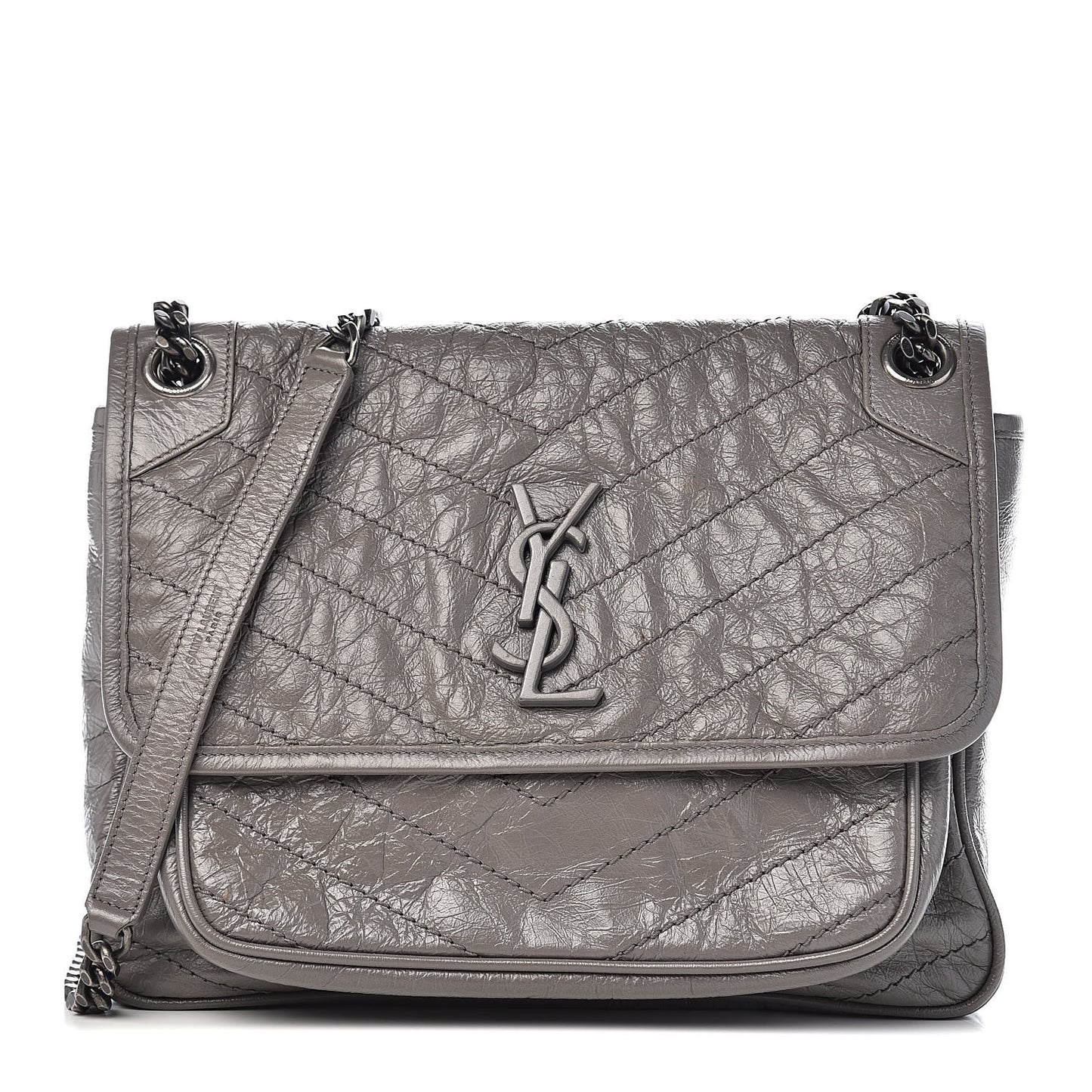 Crinkled Calfskin Matelasse Monogram Medium Niki Chain Satchel Fog