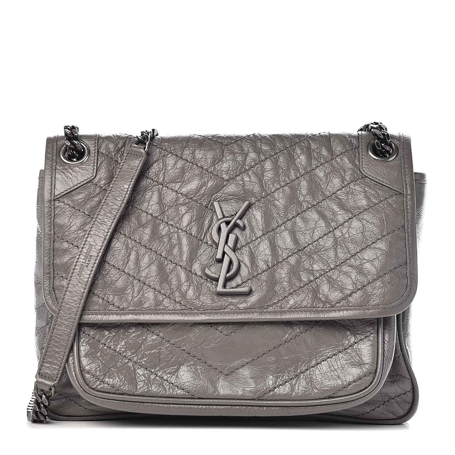 Saint Laurent Crinkled Calfskin Matelasse Monogram Medium Niki Chain Satchel Fog 1 of 10