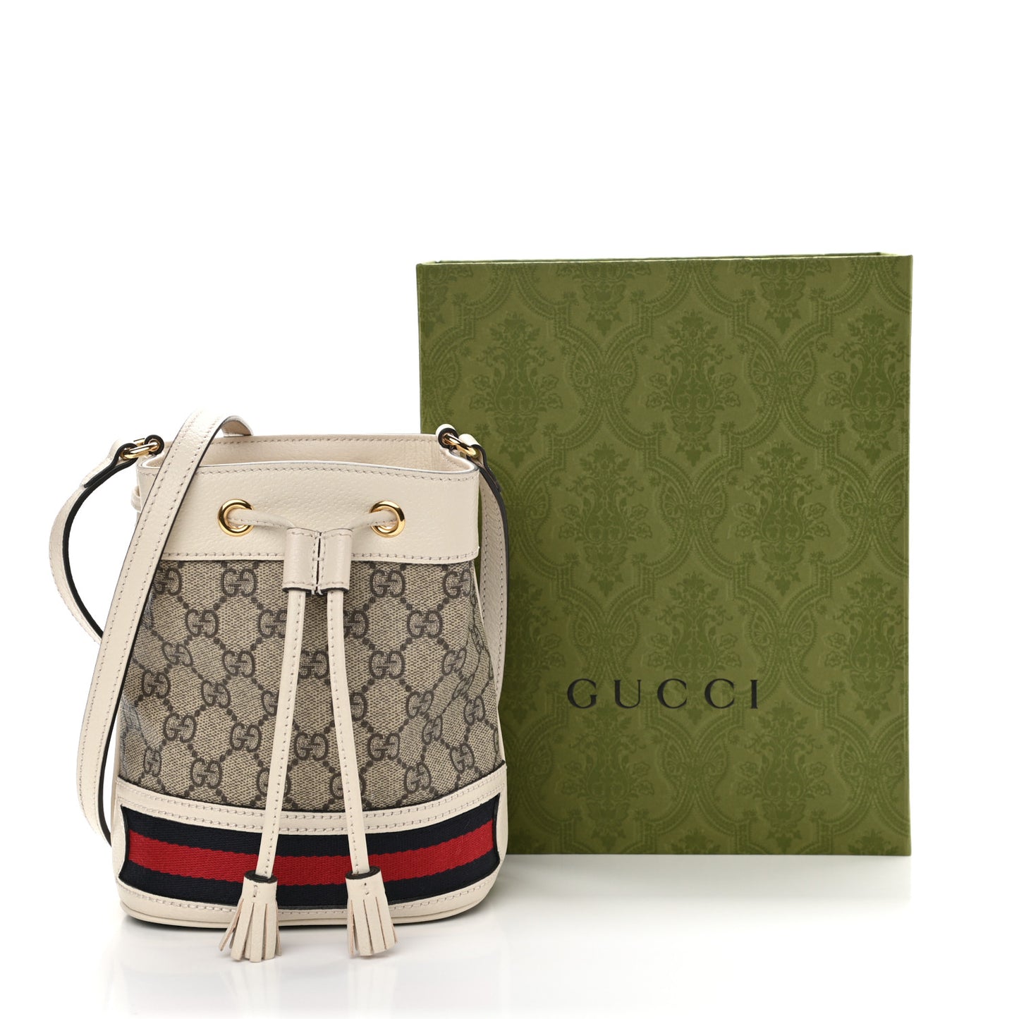 GG Supreme Monogram Textured Calfskin Web Mini Ophidia Bucket Bag Beige Ebony Mystic White