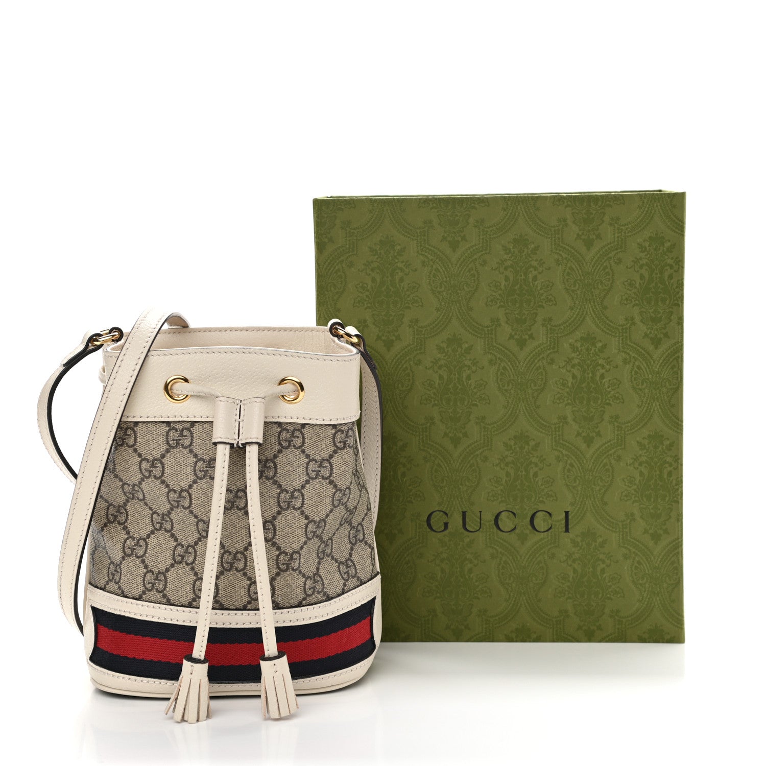 Gucci GG Supreme Monogram Textured Calfskin Web Mini Ophidia Bucket Bag Beige Ebony Mystic White 11 of 11