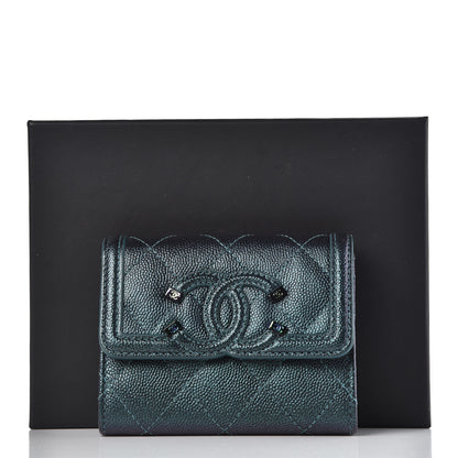 Chanel Iridescent Caviar Quilted Filigree Card Holder Dark Turquoise 9 of 9