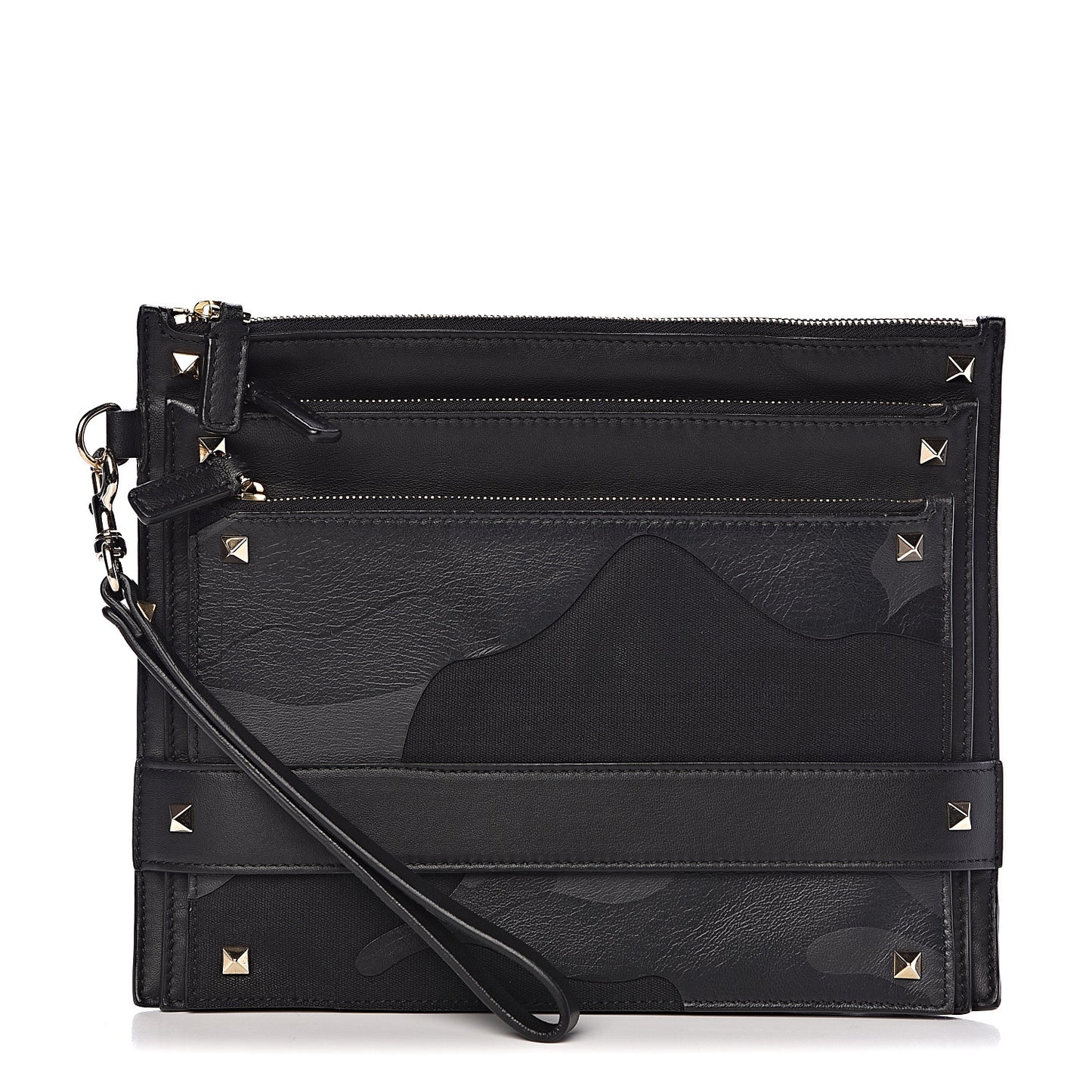 Vitello Camouflage Rockstud Triple Zip Wristlet Pouch Black