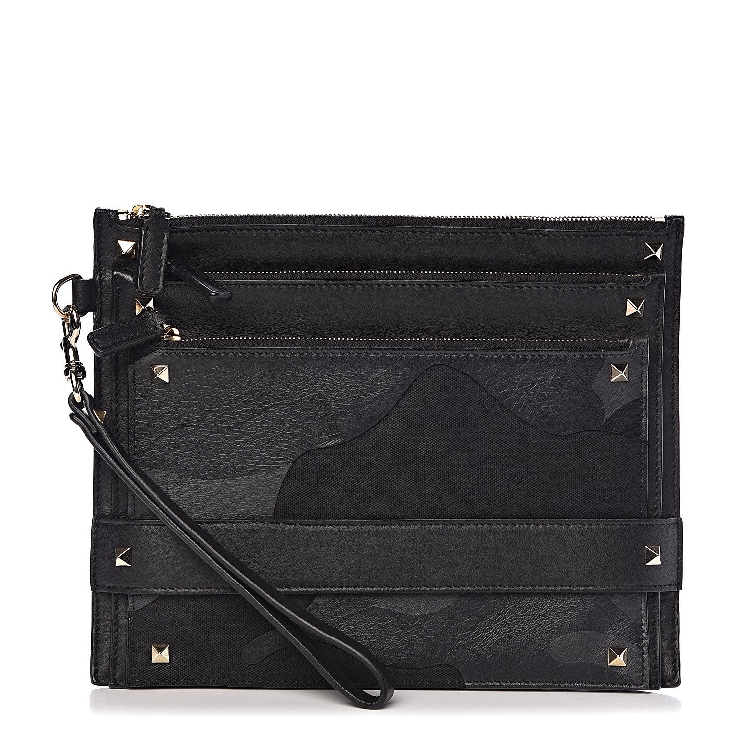 Valentino Garavani Vitello Camouflage Rockstud Triple Zip Wristlet Pouch Black 1 of 10