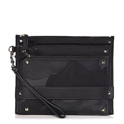 Valentino Garavani Vitello Camouflage Rockstud Triple Zip Wristlet Pouch Black 1 of 10