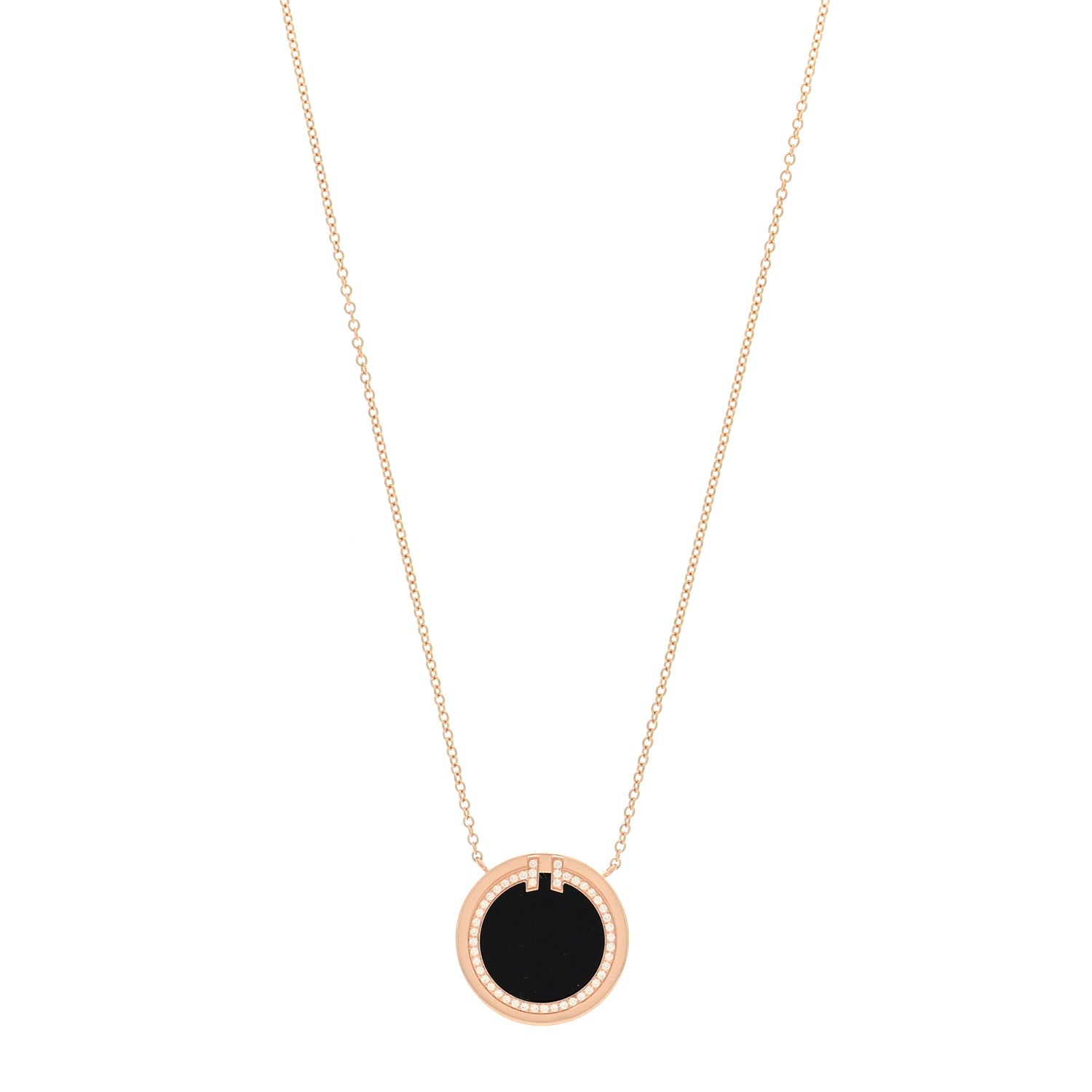 Tiffany 18K Yellow Gold Diamond Black Onyx 16mm T Circle Pendant Necklace 1 of 5