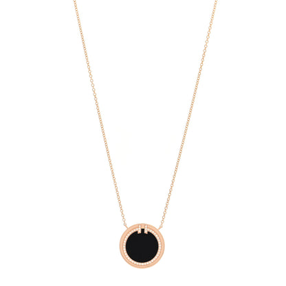 Tiffany 18K Yellow Gold Diamond Black Onyx 16mm T Circle Pendant Necklace 1 of 5