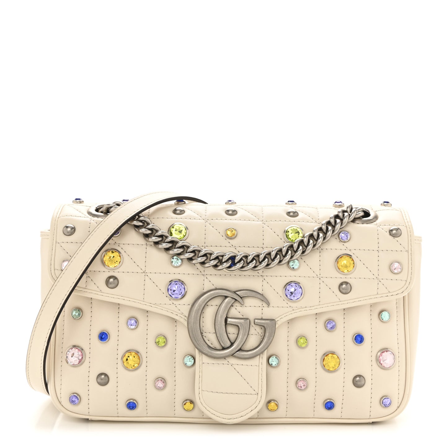 Calfskin Crystal Matelasse Aria Small GG Marmont Shoulder Bag Mystic White Multicolor