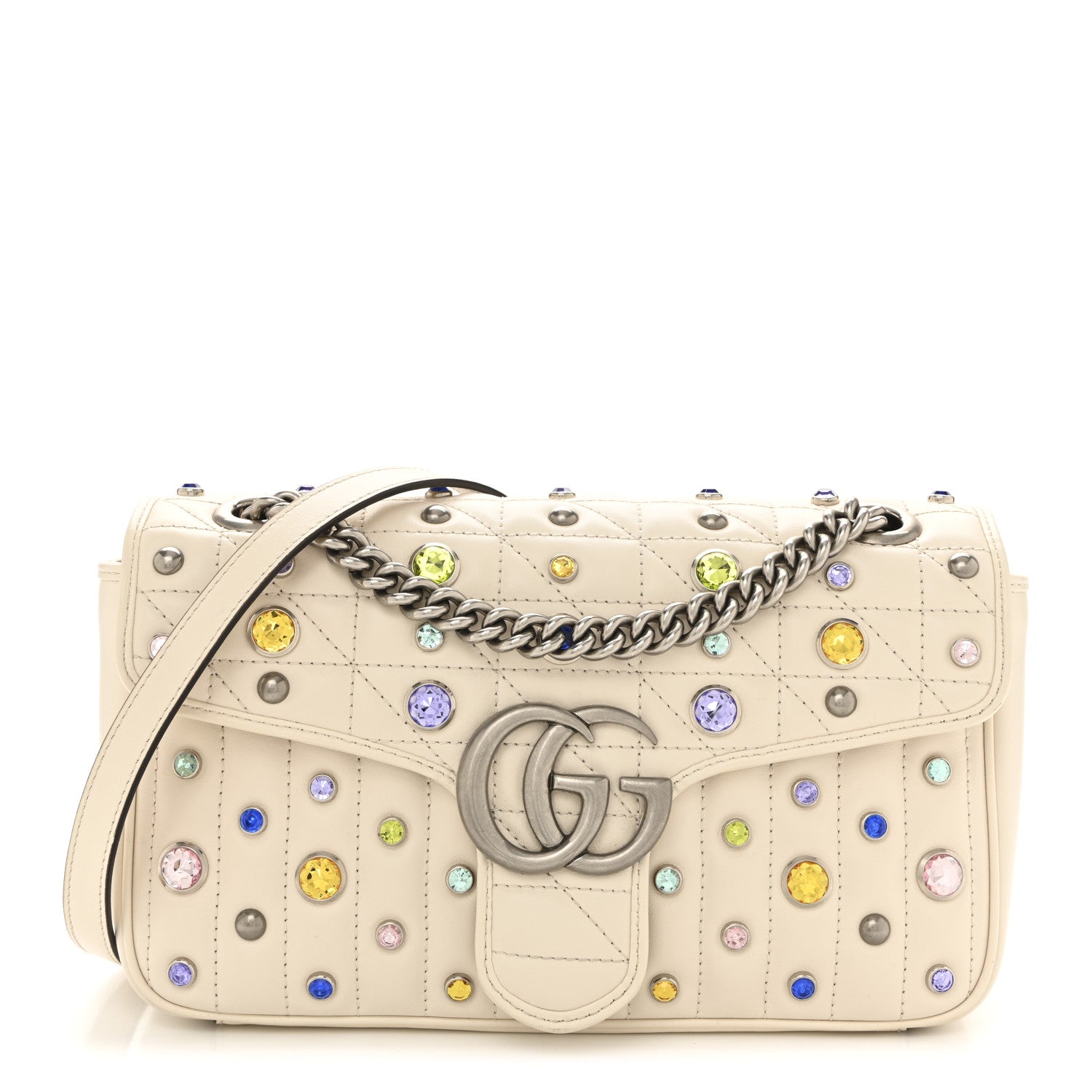 Gucci Calfskin Crystal Matelasse Aria Small GG Marmont Shoulder Bag Mystic White Multicolor 1 of 13
