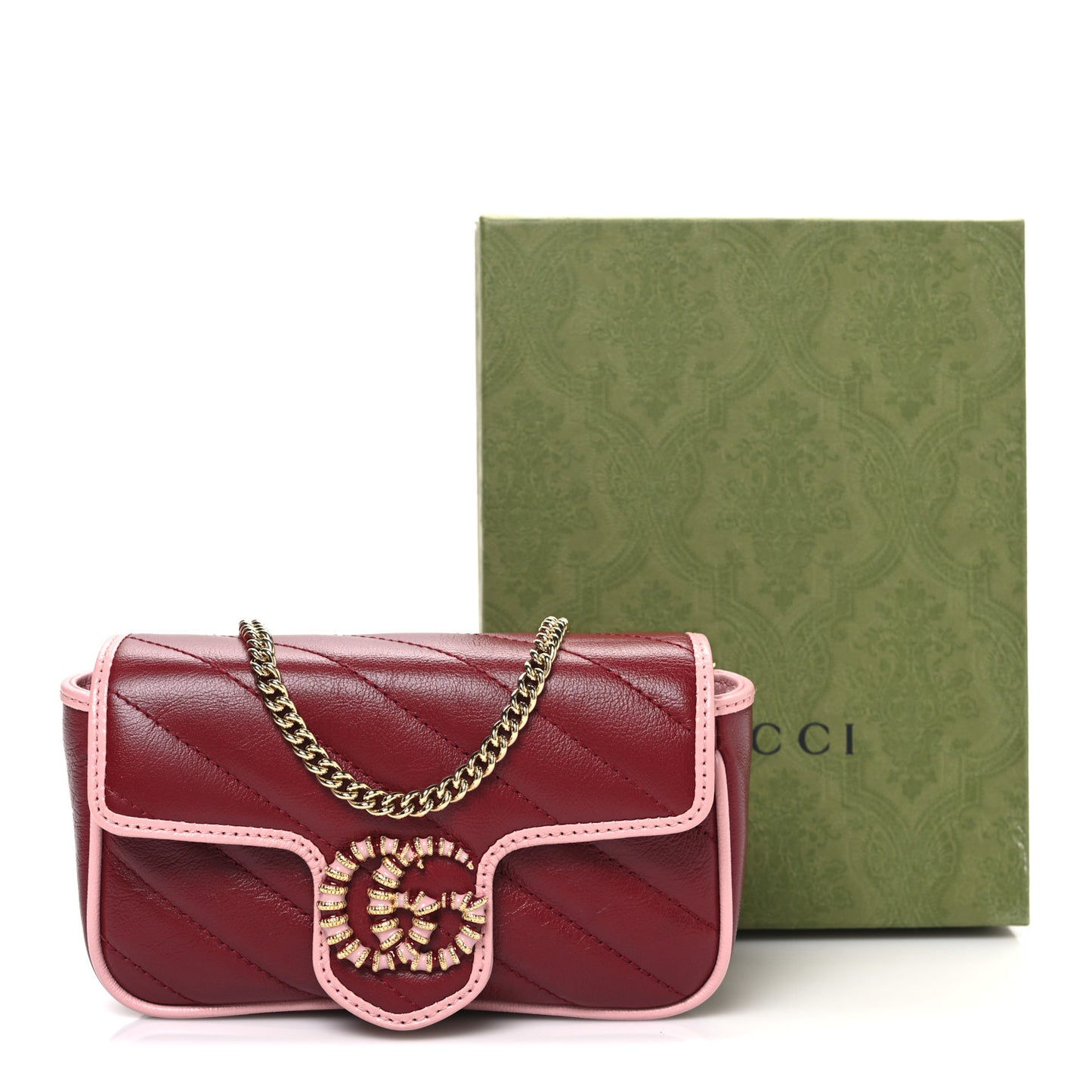 Azalea Calfskin Enamel Matelasse Diagonal Super Mini Torchon GG Marmont Shoulder Bag New Cherry Red Wild Rose