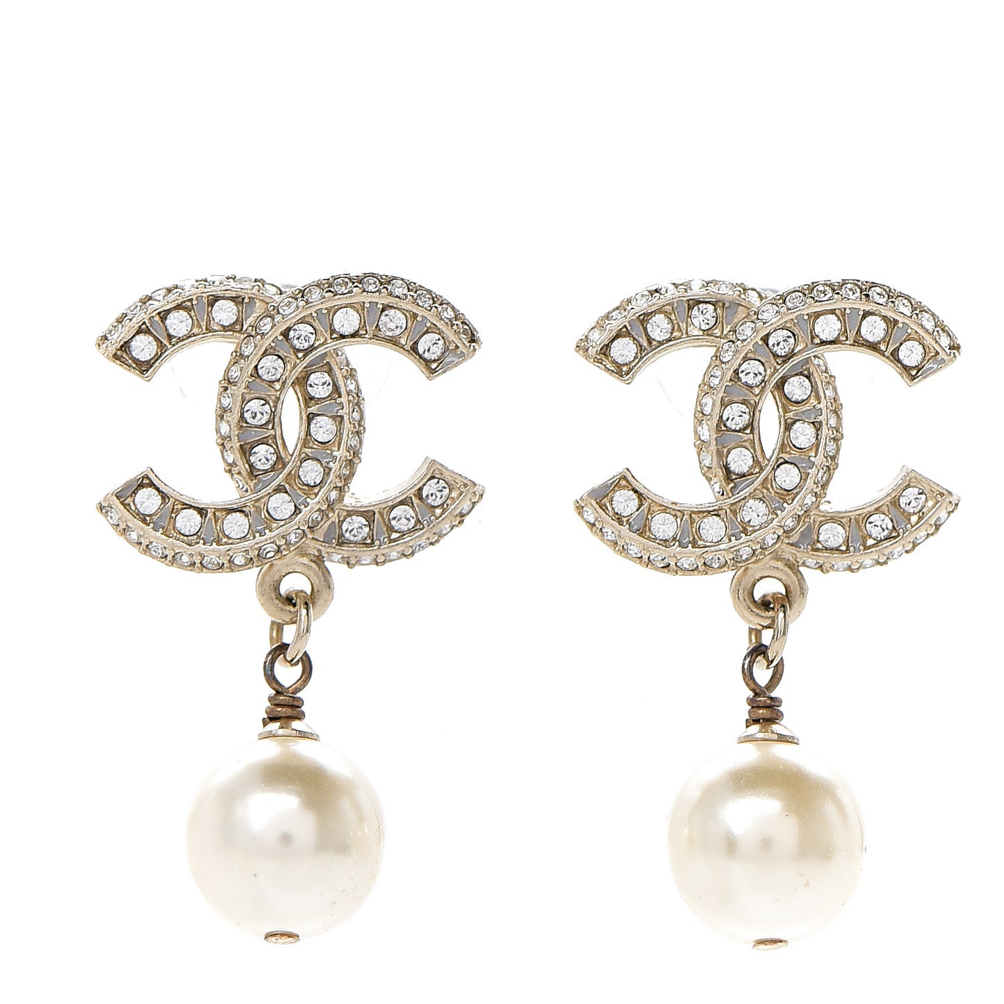 Crystal Pearl CC Drop Earrings Gold