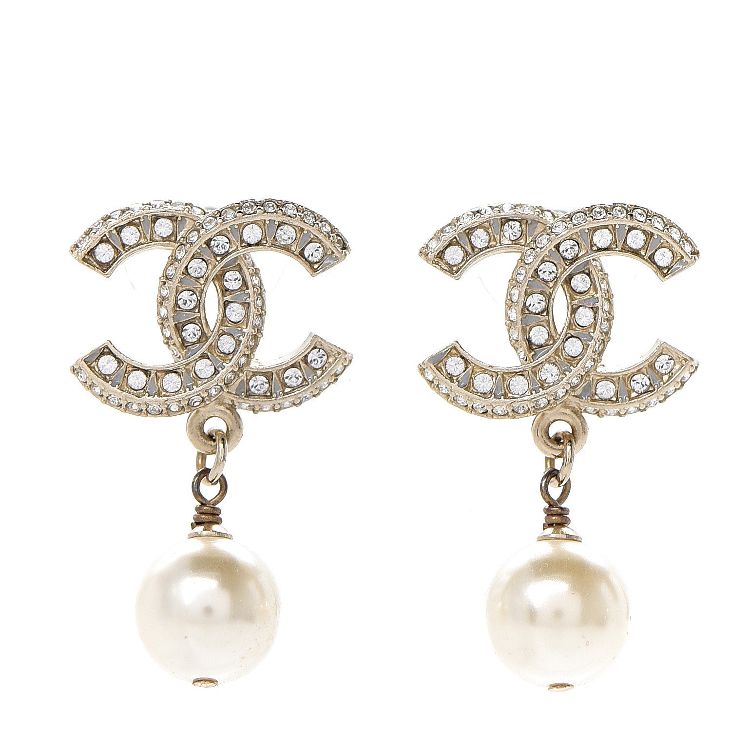Chanel Crystal Pearl CC Drop Earrings Gold 1 of 4