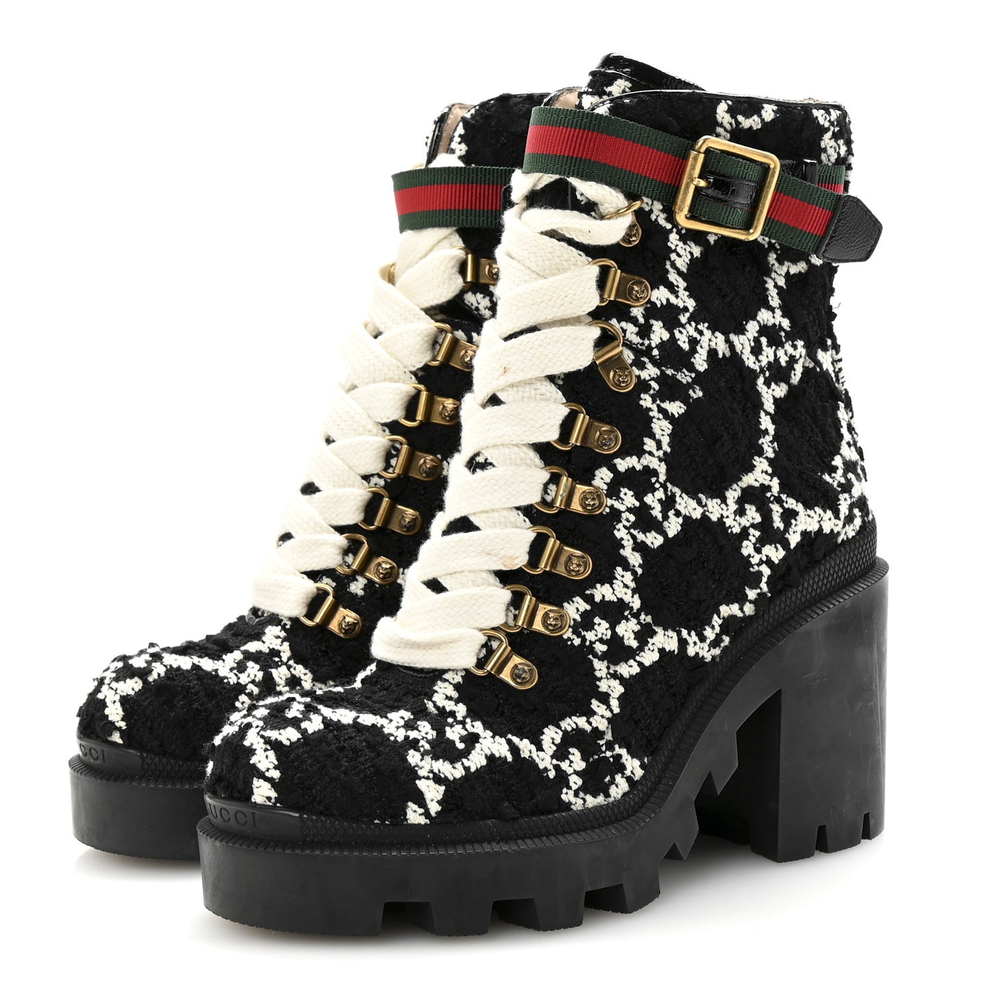 Tweed GG Monogram Lace Up Combat Ankle Boots 35.5 Black