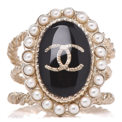 Chanel Enamel Pearl CC Ring 6.5 Black Gold 1 of 6