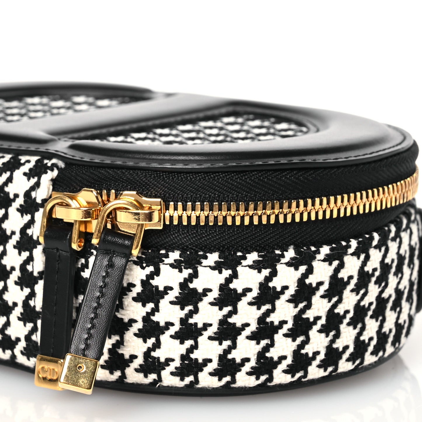Calfskin Canvas Houndstooth Embroidered CD Signature Oval Crossbody Camera Bag Black White