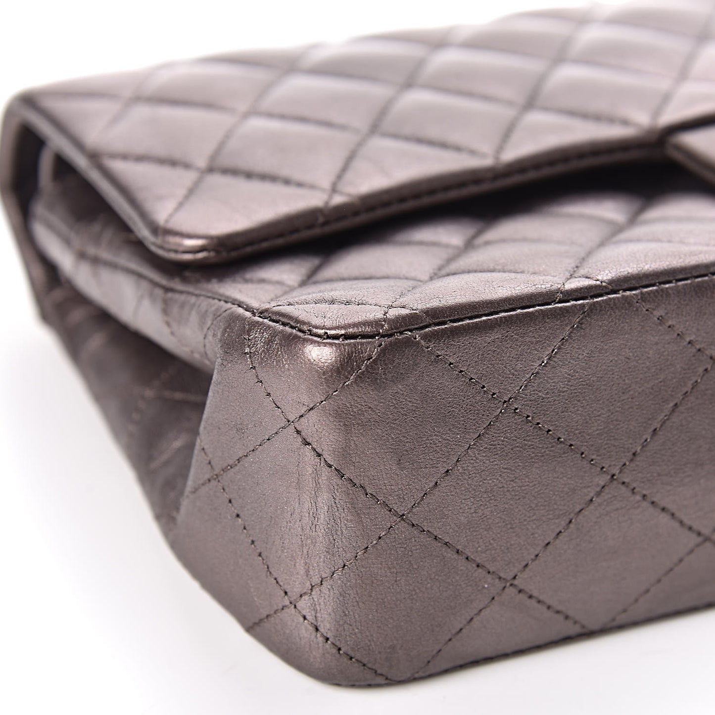 Metallic Lambskin Quilted Medium Double Flap Dark Grey