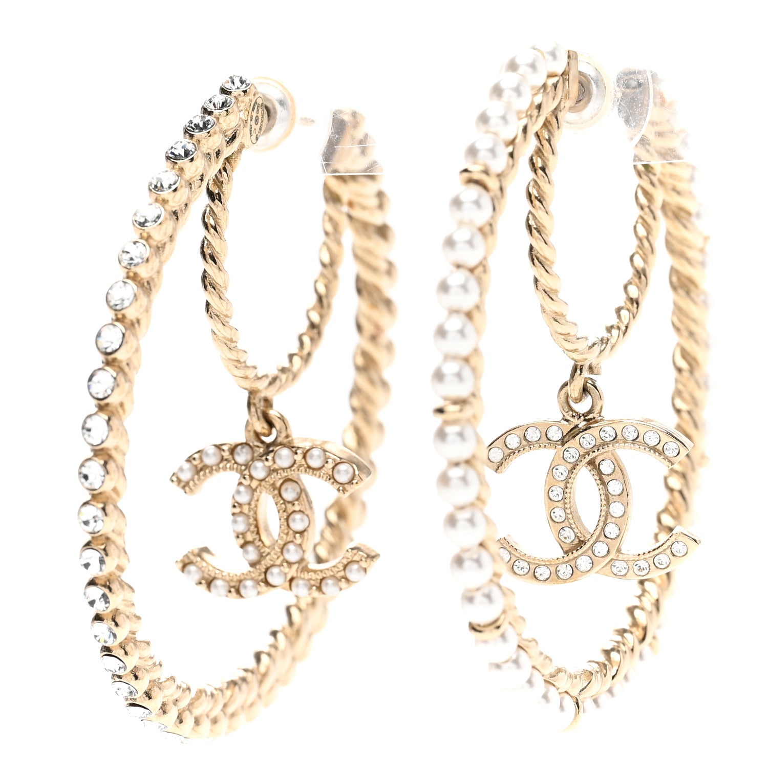 Chanel Crystal Pearl CC Drop Hoop Earrings Gold Pearly White 3 of 4