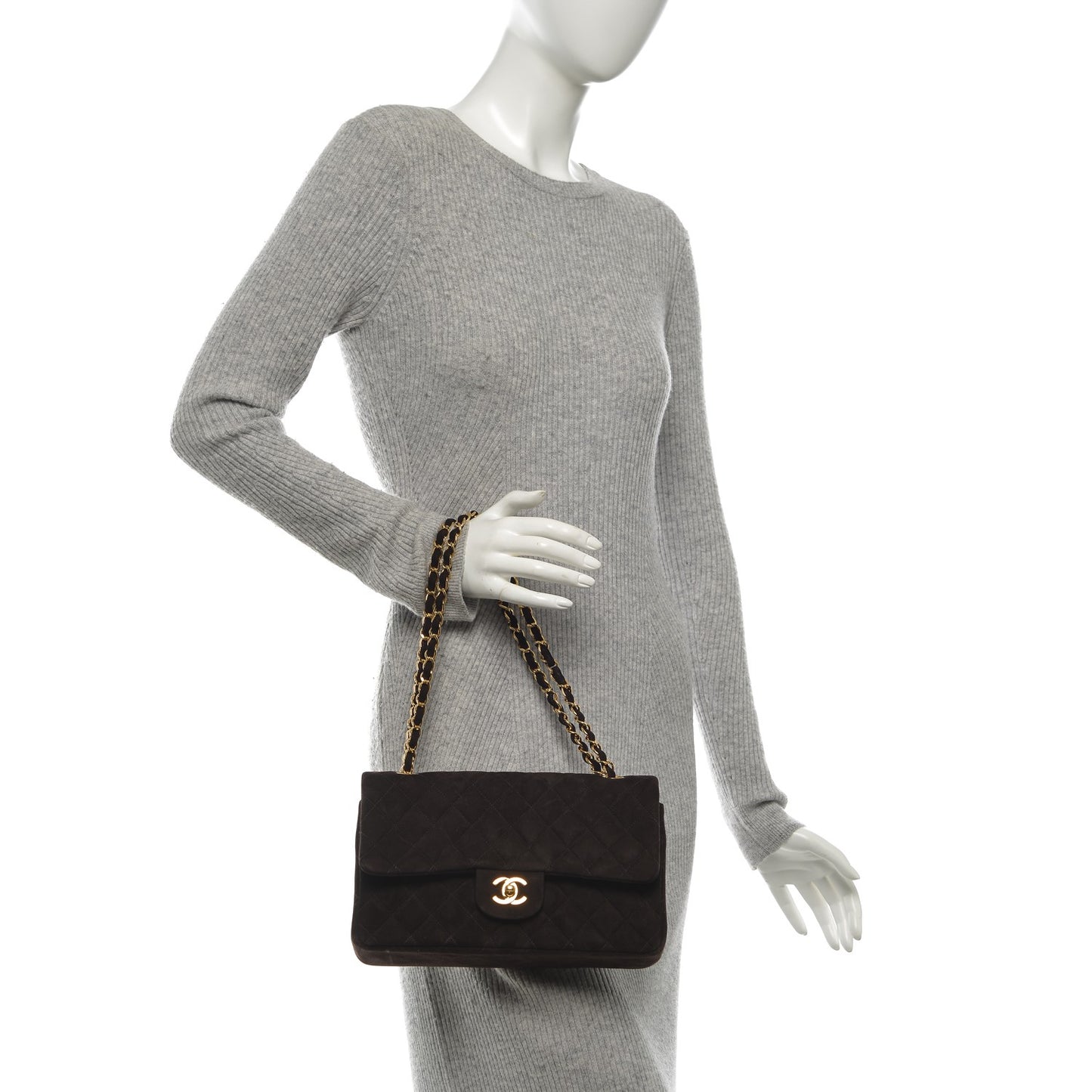 Suede Quilted Medium Double Flap Bag Brown