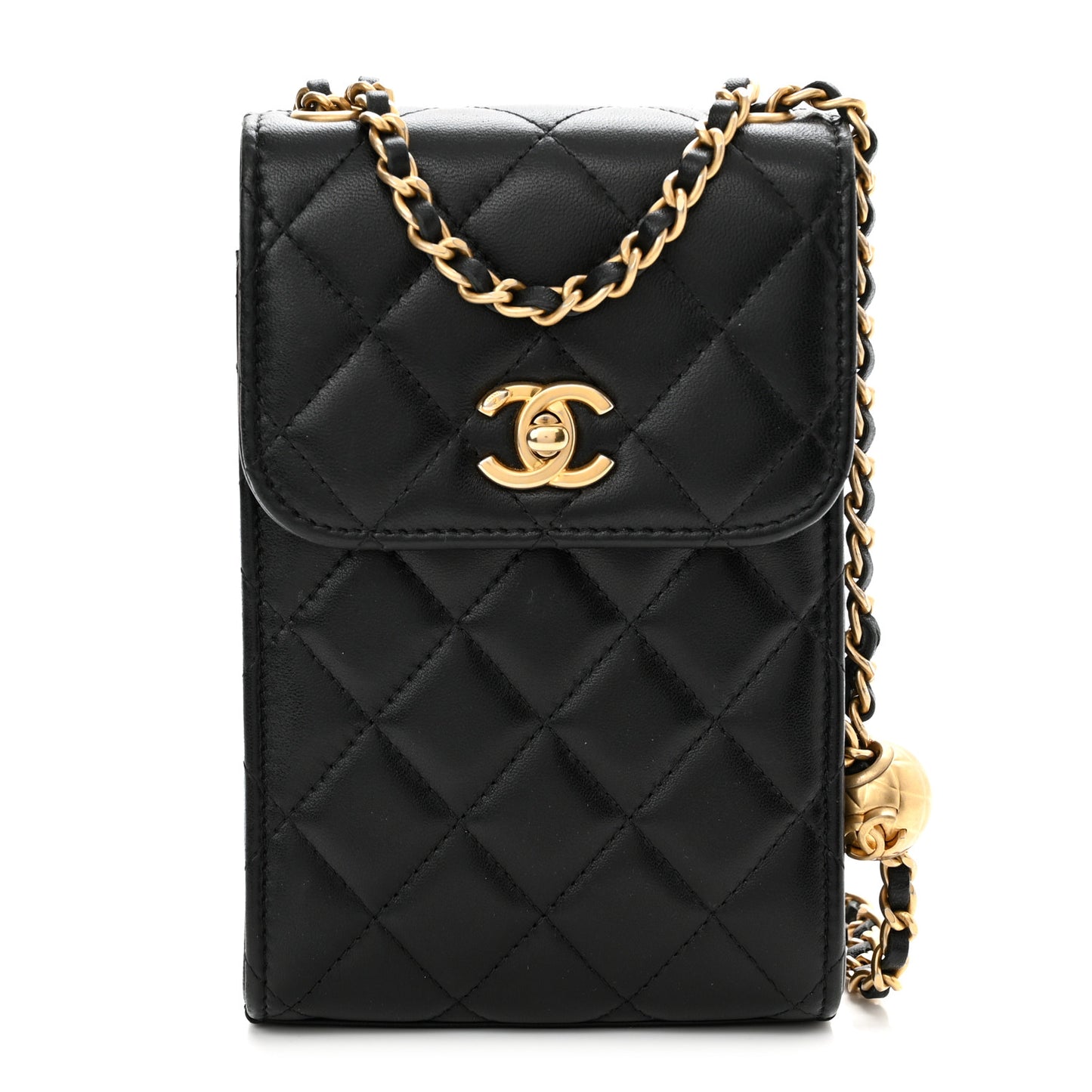 Lambskin Quilted Pearl Crush Phone Holder With Chain Black
