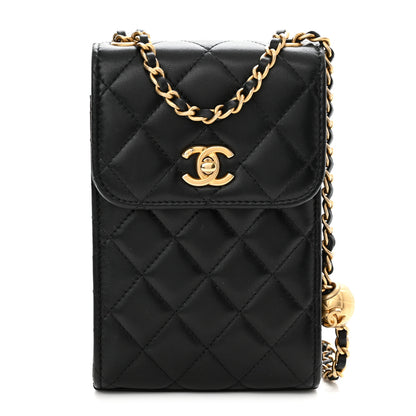 Chanel Lambskin Quilted Pearl Crush Phone Holder With Chain Black 1 of 12
