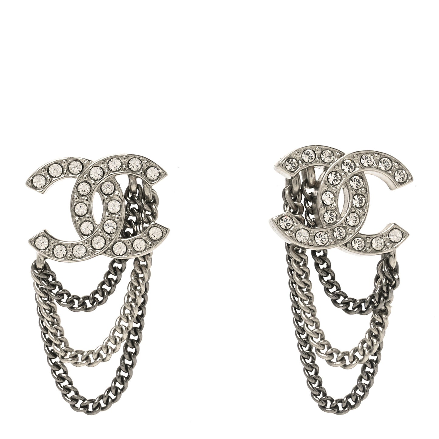 Crystal Chain CC Earrings Silver
