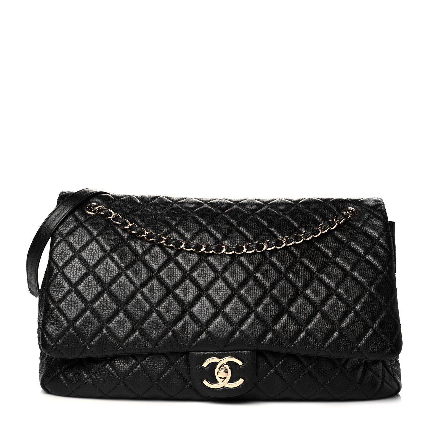 Calfskin Quilted XXL Travel Flap Bag Black