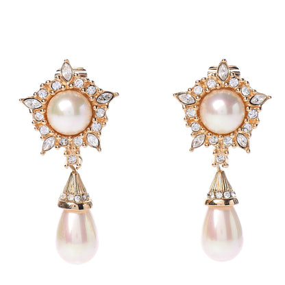 Christian Dior Pearl Crystal Drop Clip On Earrings Gold 1 of 5