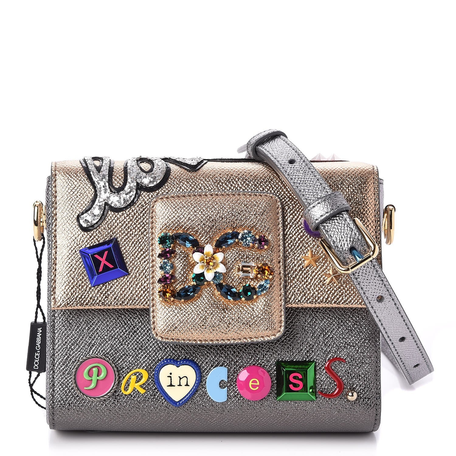 Dolce & Gabbana Metallic Dauphine Mini Millennials Love Princess Shoulder Bag Gold Silver 1 of 6