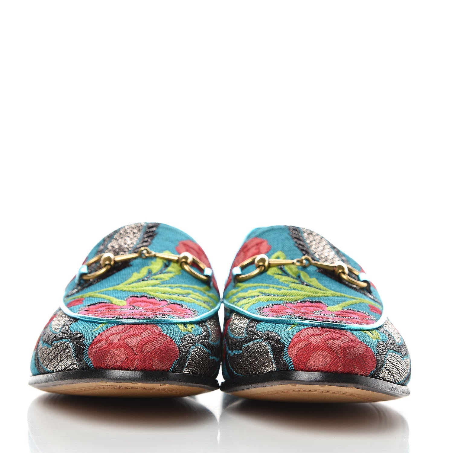 Gucci Floral Jacquard Horsebit Womens Jordaan Loafers 40.5 Turquoise 2 of 8