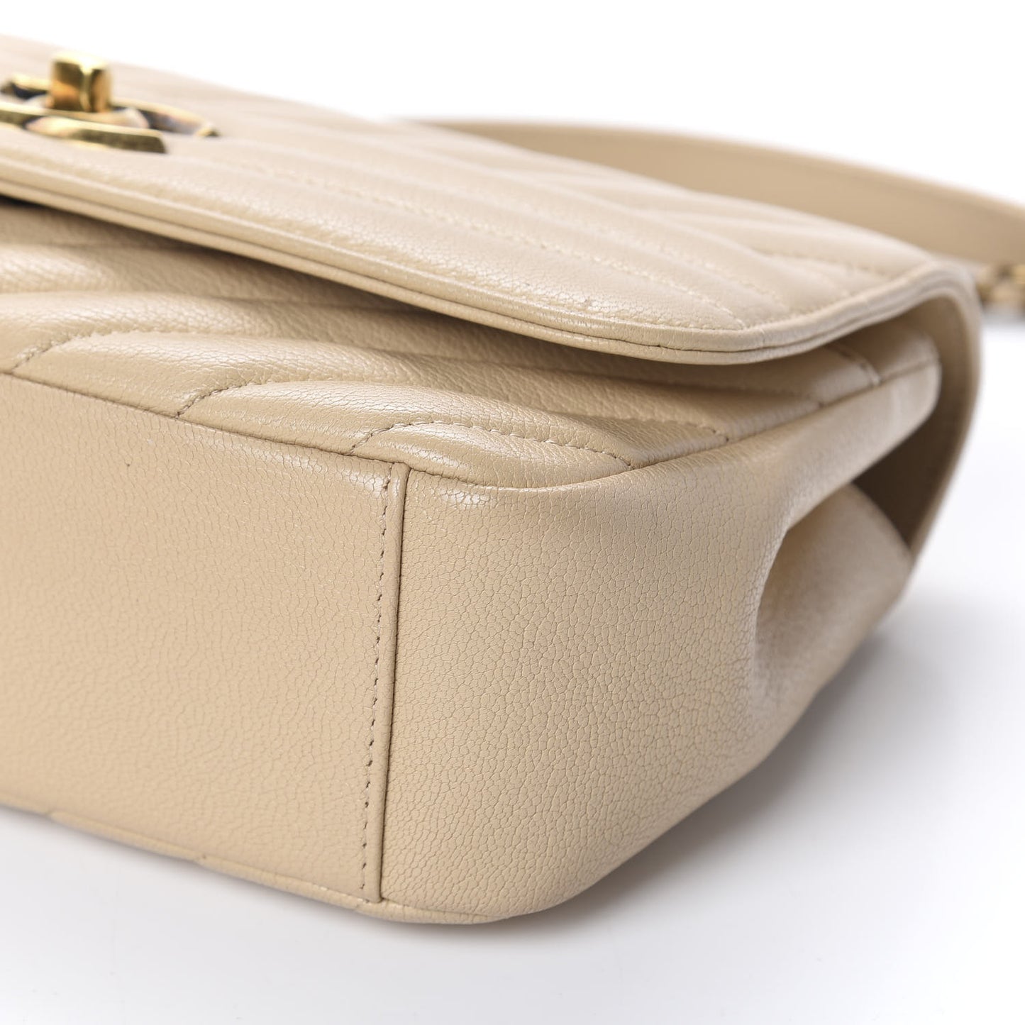 Shiny Goatskin Diagonal Quilted Small Flap Beige