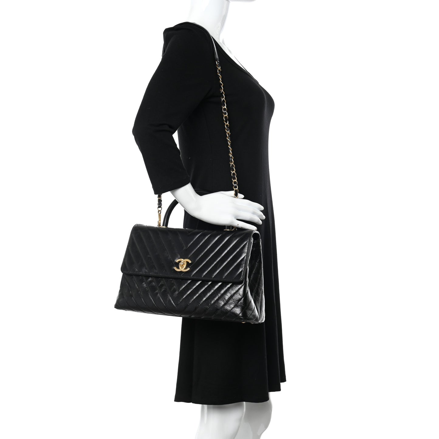 Calfskin Chevron Quilted Medium Coco Handle Flap Black